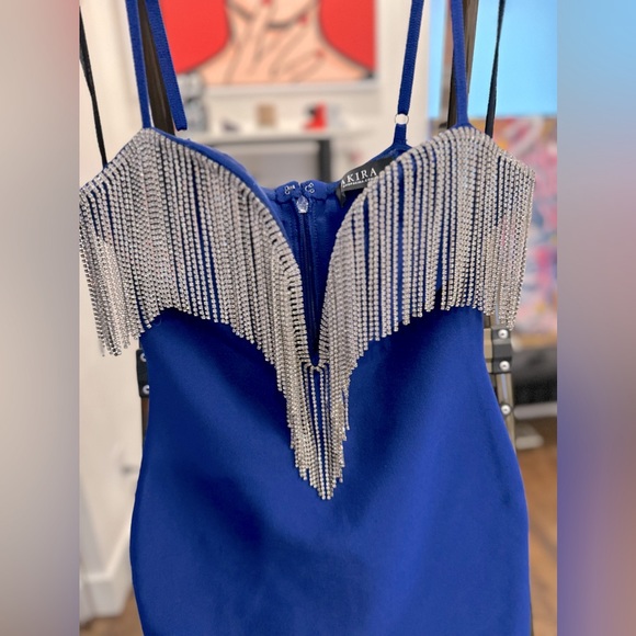 AKIRA BLUE BODYCON MINI DRESS W/RHINESTONE CASCADE SZ MED - Picture 3 of 3
